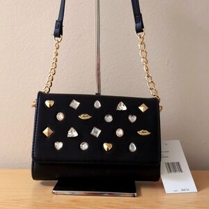Betsey Johnson Black Crossbody Bag with Gold & Jewel Accents, NWT